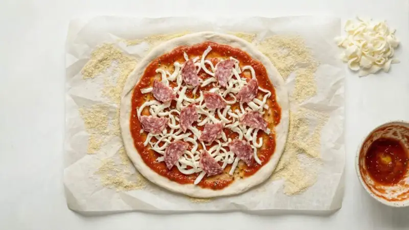 Gotowe ciasto na pizzę bez wyrastania, posmarowane sosem, posypane serem i salami. Obok miseczka sosu i dodatkowy ser.